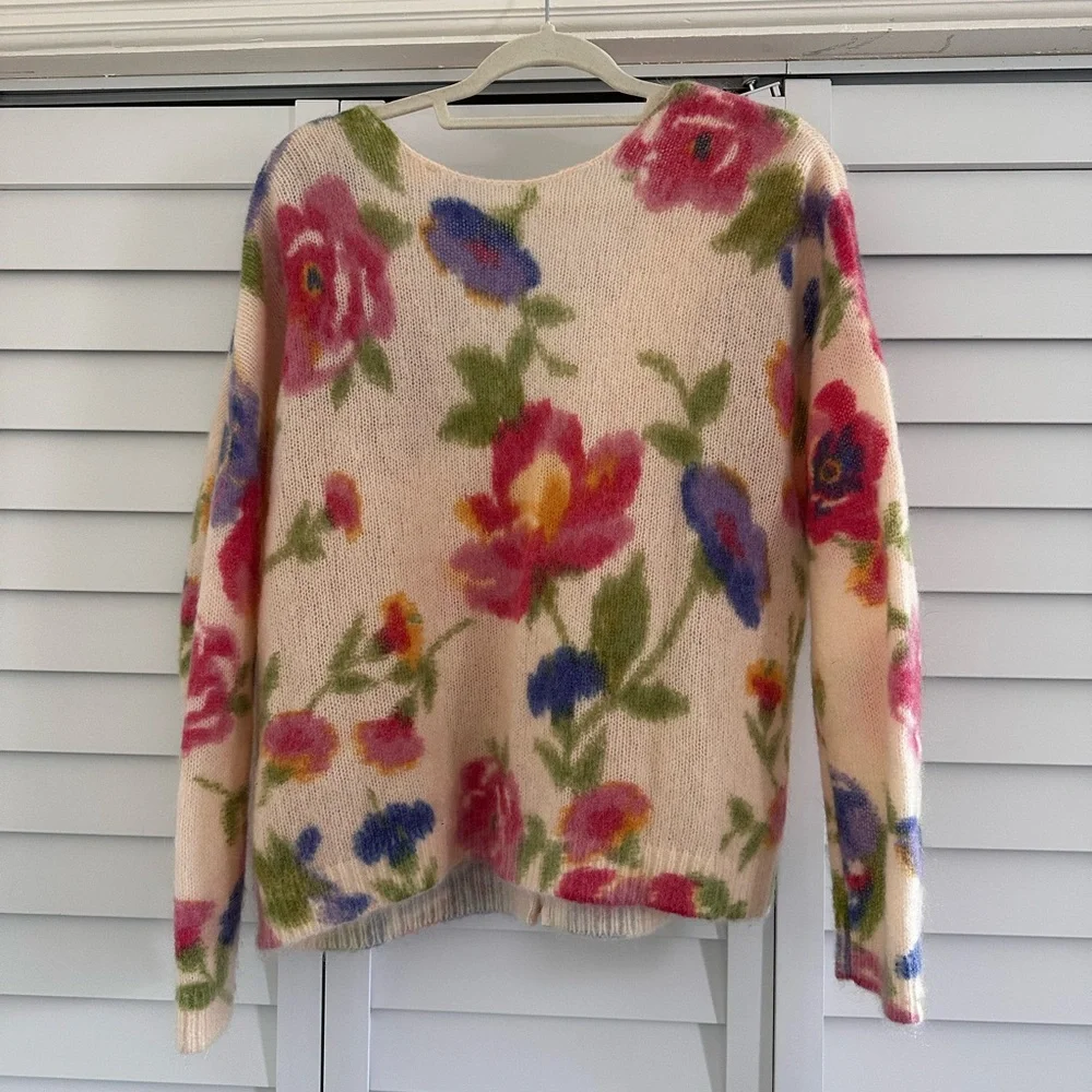 Sezane Cream Floral Button Cardigan with Pink, Blue & Green Accents - Picture 2 of 4